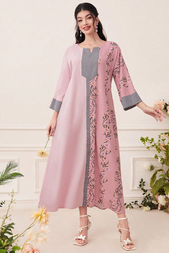 Robe caftan Abaya à manches longues et imprimé floral champagne