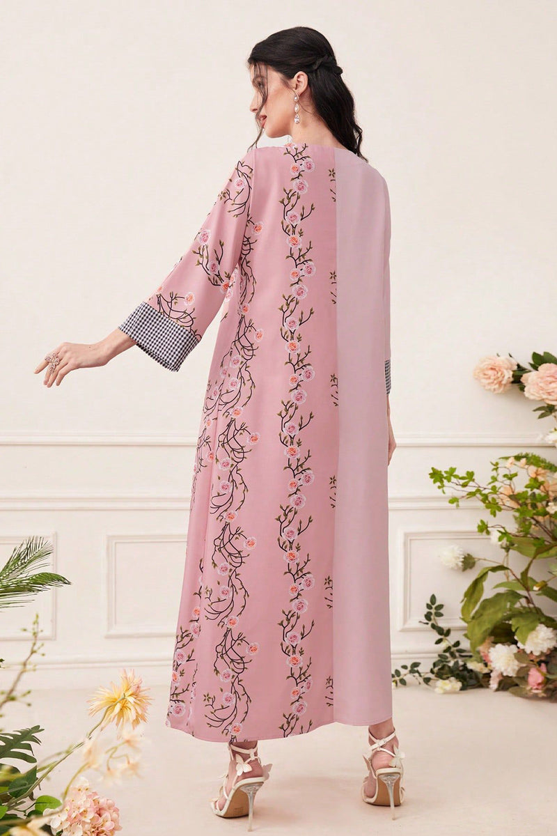 Charger l&#39;image dans la galerie, Robe caftan Abaya à manches longues et imprimé floral champagne