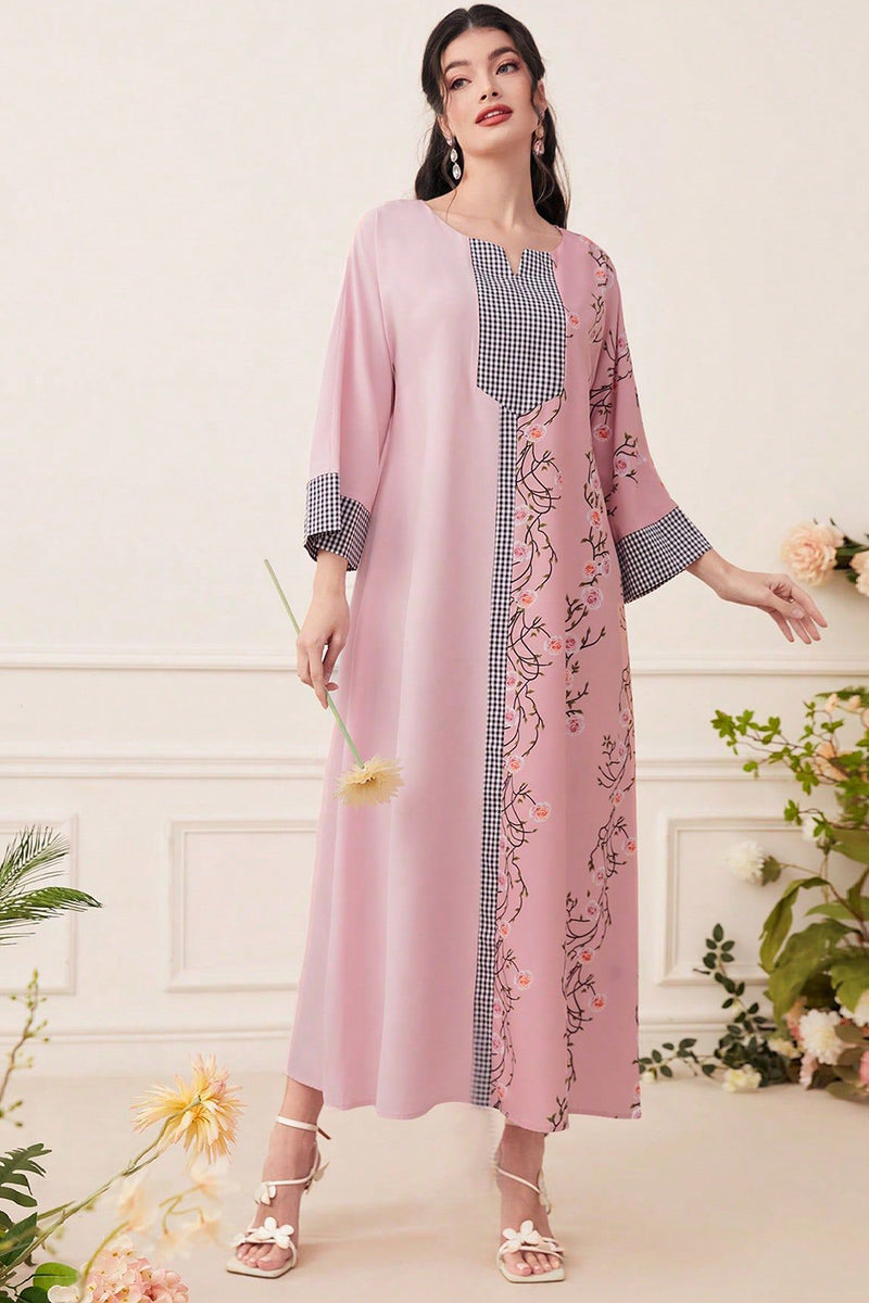 Charger l&#39;image dans la galerie, Robe caftan Abaya à manches longues et imprimé floral champagne
