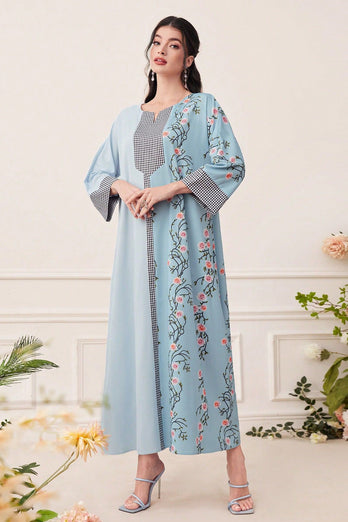 Robe caftan Abaya à manches longues et imprimé floral champagne