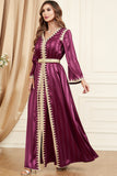 Fuchsia Élégant 2 Pièces Manches Longues Appliques Abaya Kaftan Robe