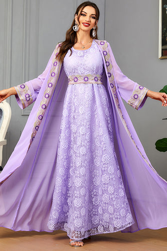 Robe caftan marocain 2 pièces lilas Abaya à manches longues