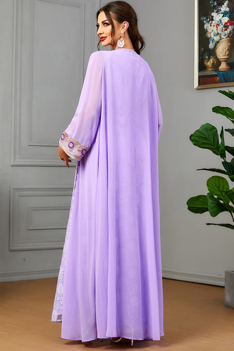 Charger l&#39;image dans la galerie, Robe caftan marocain 2 pièces lilas Abaya à manches longues