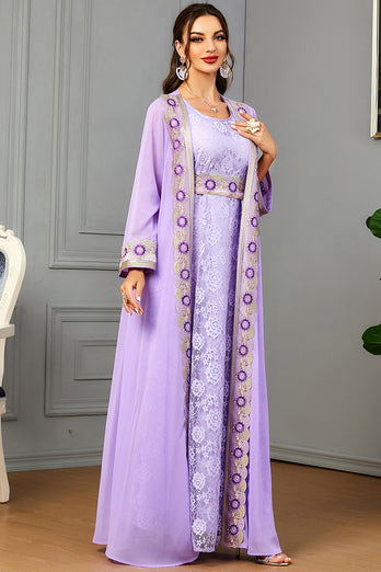Robe caftan marocain 2 pièces lilas Abaya à manches longues