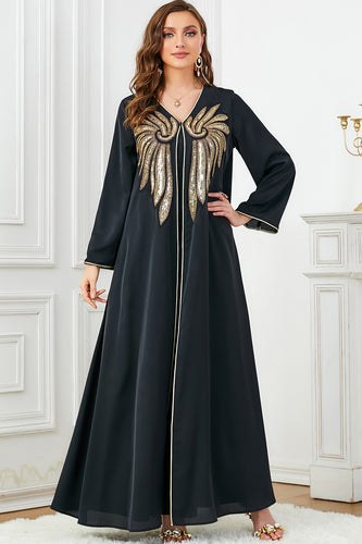 Robe longue caftan marocain Abaya perlée noire