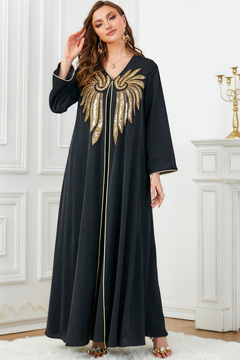 Robe longue caftan marocain Abaya perlée noire
