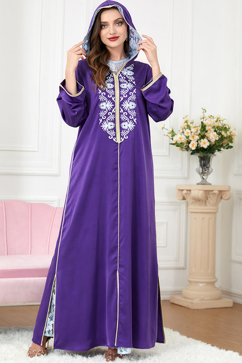 Charger l&#39;image dans la galerie, Caftan brodé violet, ensemble 2 pièces, robes marocaines avec capuche
