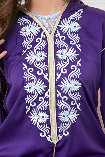 Caftan brodé violet, ensemble 2 pièces, robes marocaines avec capuche