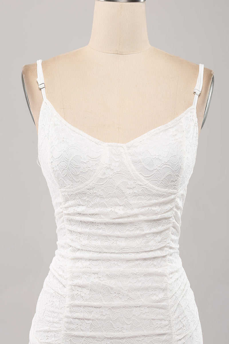 Charger l&#39;image dans la galerie, Bretelles spaghetti Moulantes en dentelle plissée petite robe blanche de graduation