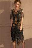 Robe noire scintillante à manches courtes dorées à paillettes à paillettes Gatsby des années 1920 avec franges