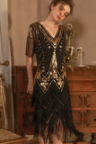 Robe noire scintillante à manches courtes dorées à paillettes à paillettes Gatsby des années 1920 avec franges