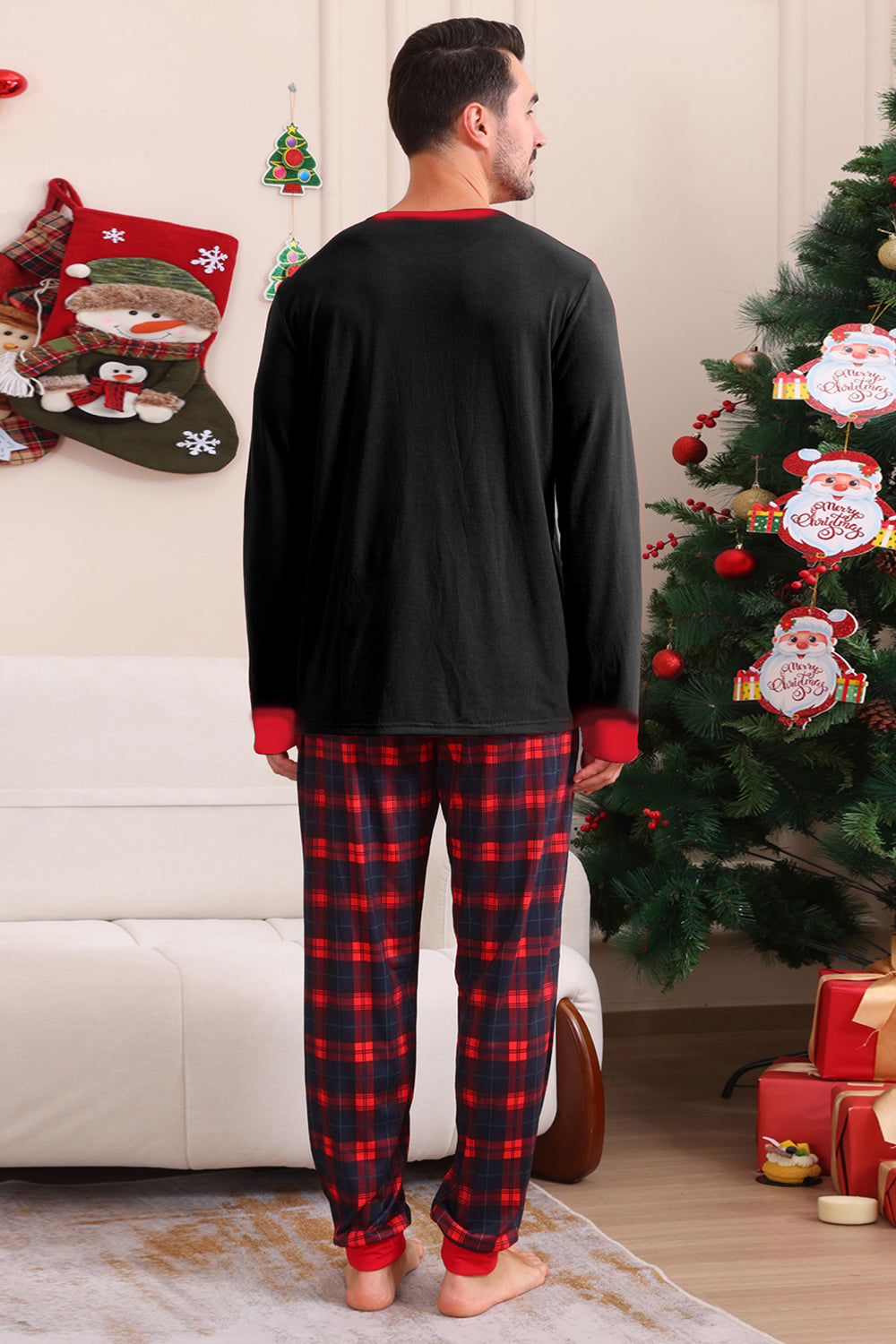 Noir Rouge Famille Assorti Pyjamas Adulte Enfants Bébé Tops et Pantalon à Carreaux Ensemble de Pyjama de Noël