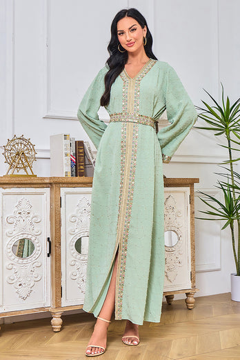 Vert clair brodé soirée Abaya musulman Maxi robe caftan longues Robes