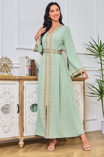 Vert clair brodé soirée Abaya musulman Maxi robe caftan longues Robes