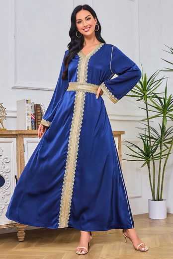 Bleu royal brodé soirée Abaya musulman Maxi robe caftan longues Robes