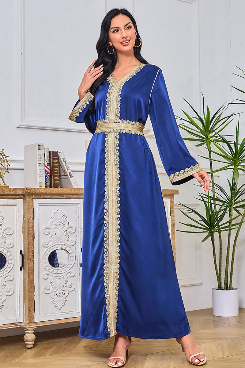 Charger l&#39;image dans la galerie, Bleu royal brodé soirée Abaya musulman Maxi robe caftan longues Robes