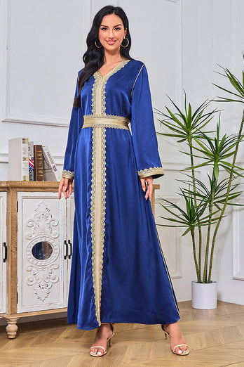 Bleu royal brodé soirée Abaya musulman Maxi robe caftan longues Robes