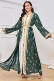 Deux morceaux Vert foncé manches longues Caftan Marocain avec appliques