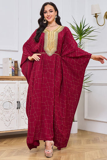 Caftan Marocain brodé rouge, robe de soirée à manches chauve-souris et perles dorées