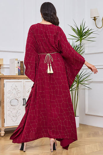 Caftan Marocain brodé rouge, robe de soirée à manches chauve-souris et perles dorées
