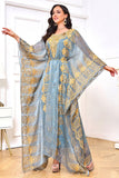 Robe Maxi Caftan Marocain Musulman Deux Pièces Brodée Gris Vert