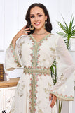 Robe Abaya Caftan Marocain à Manches Longues Brodées Florales Dorées