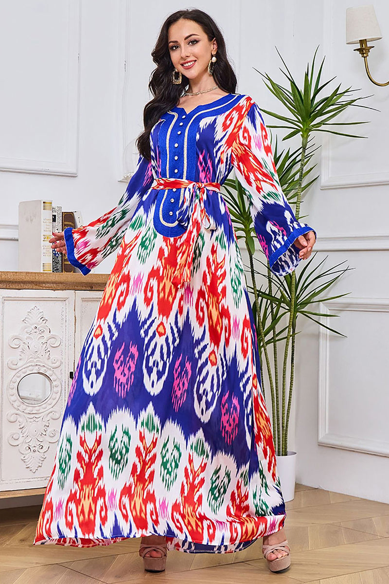 Charger l&#39;image dans la galerie, Moyen-Orient Dubai Imprimé Bleu royal Caftan Marocain Abaya Robe