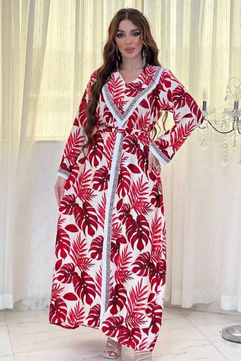 Robe longue caftan marocaine imprimée rouge