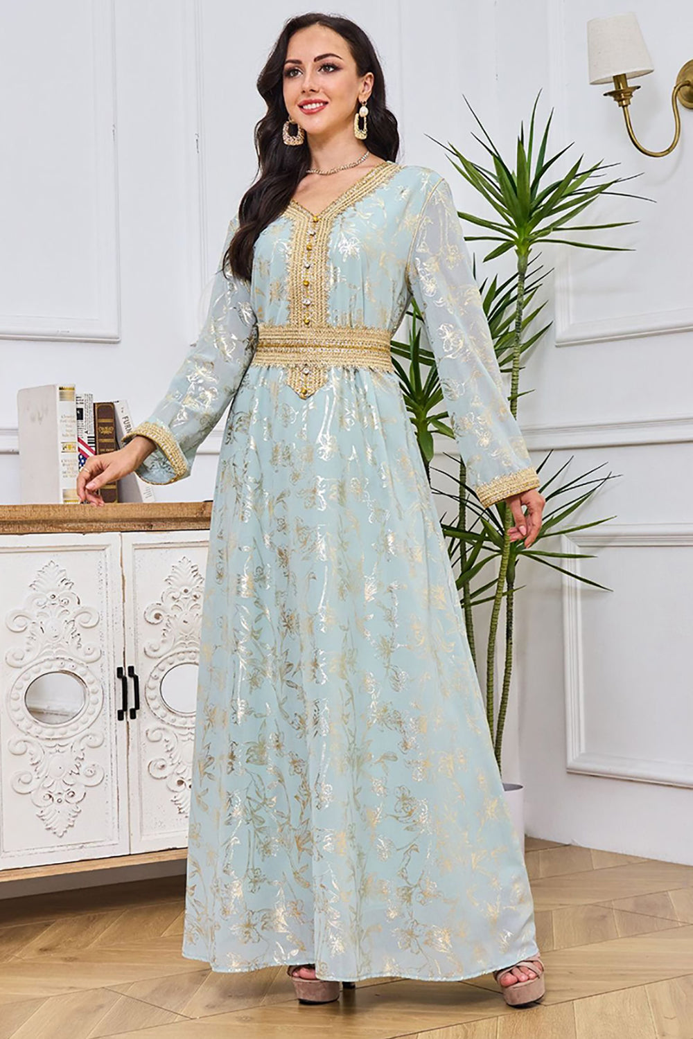 Caftan Robe Voile Verte Robe Caftan Vert Clair Brodée De Sequins