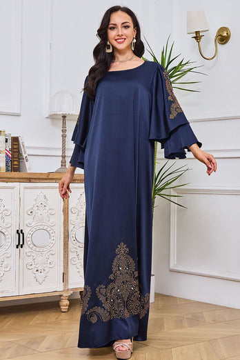 Robe caftan abaya ceinturée en polyester brodé bleu marine foncé