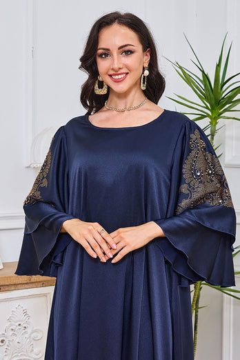 Robe caftan abaya ceinturée en polyester brodé bleu marine foncé