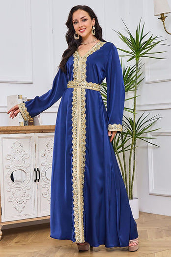 Bleu royal brodé soirée Abaya Maxi robe caftan longues Robes