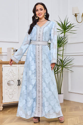 Caftan féminin à manches longues à col en V et à fleurs bleu clair de style élégant
