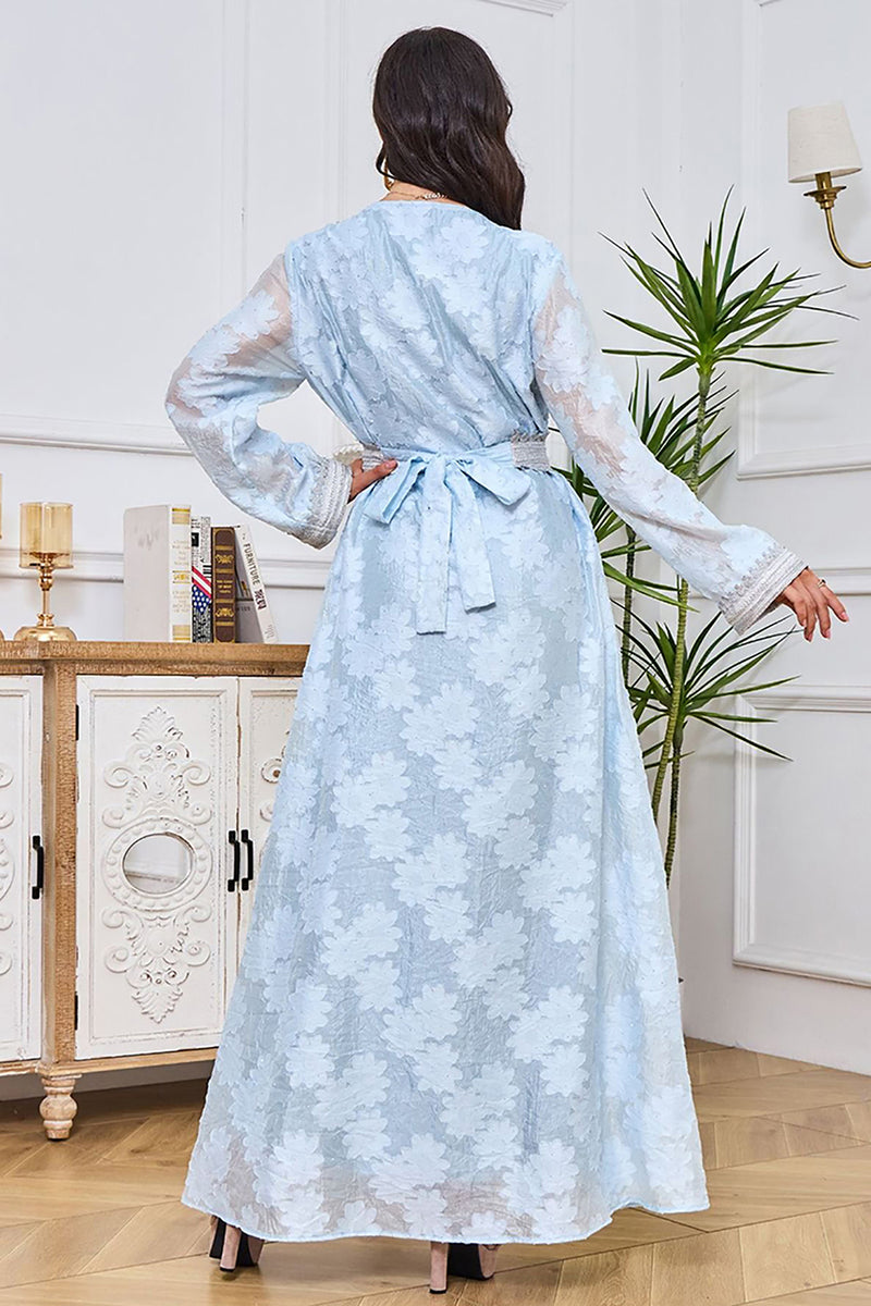 Charger l&#39;image dans la galerie, Caftan féminin à manches longues à col en V et à fleurs bleu clair de style élégant