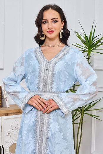 Caftan féminin à manches longues à col en V et à fleurs bleu clair de style élégant