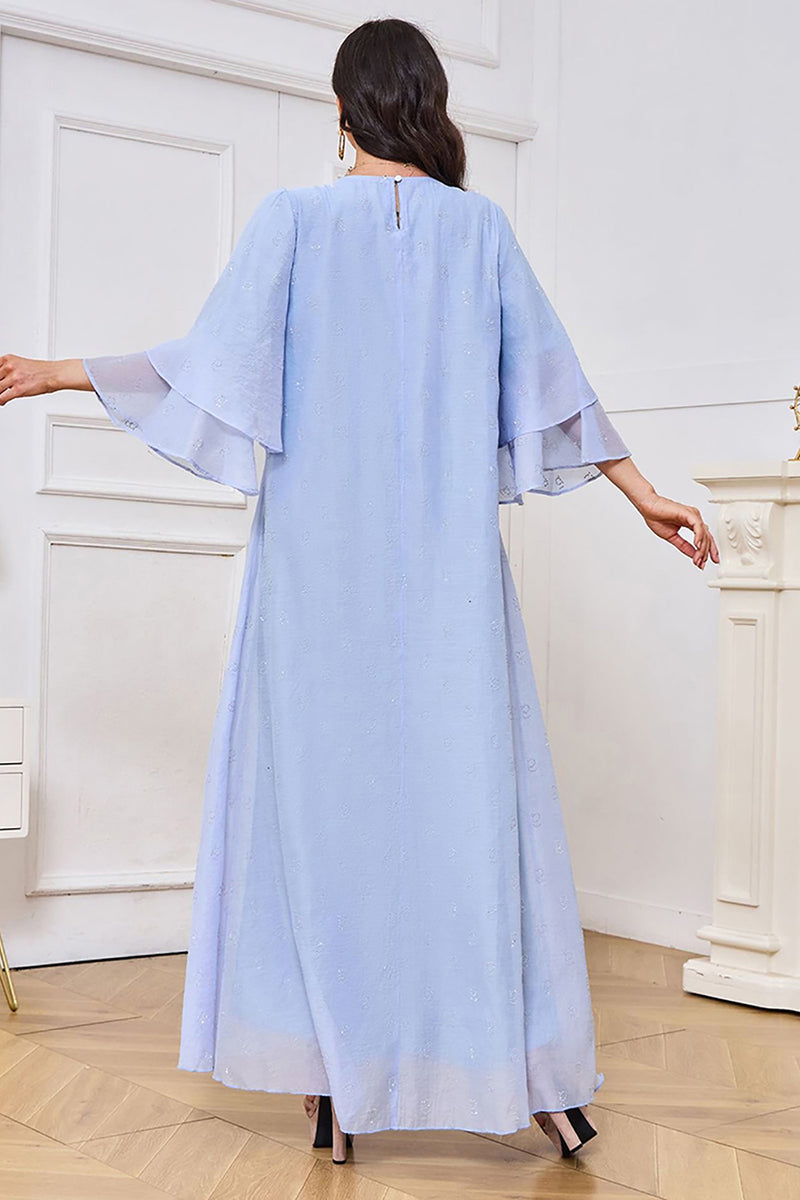 Charger l&#39;image dans la galerie, Robe bleu clair à manches volantées élégante Caftan Marocain Abaya