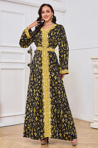 Noir jaune brodé soirée Abaya Maxi robe caftan longues Robes