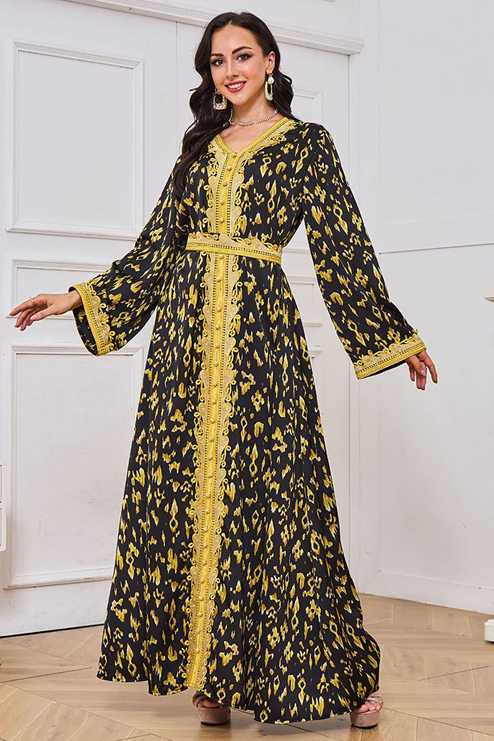 Noir jaune brode soiree Abaya Maxi robe caftan longues Robes