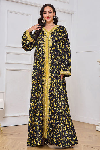 Noir jaune brodé soirée Abaya Maxi robe caftan longues Robes