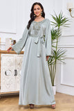 Robe Abaya Caftan Marocain à Manches Longues Brodées Gris