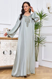 Robe Abaya Caftan Marocain à Manches Longues Brodées Gris