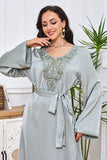 Robe Abaya Caftan Marocain à Manches Longues Brodées Gris