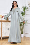 Robe Abaya Caftan Marocain à Manches Longues Brodées Gris