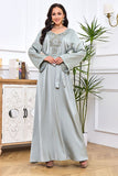 Robe Abaya Caftan Marocain à Manches Longues Brodées Gris