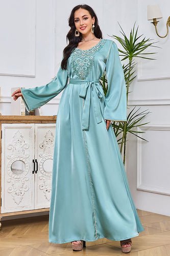 Robe Abaya Caftan Marocain à Manches Longues Brodées Bleu vert avec Ceinture