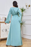 Robe Abaya Caftan Marocain à Manches Longues Brodées Bleu vert avec Ceinture