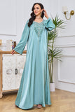 Robe Abaya Caftan Marocain à Manches Longues Brodées Bleu vert avec Ceinture