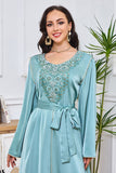 Robe Abaya Caftan Marocain à Manches Longues Brodées Bleu vert avec Ceinture