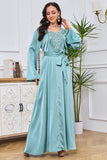 Robe Abaya Caftan Marocain à Manches Longues Brodées Bleu vert avec Ceinture