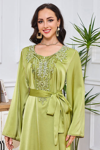 Robe Abaya Caftan Marocain à Manches Longues Brodées vert avec Ceinture